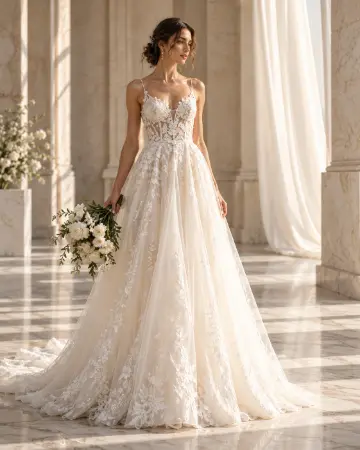 Rochie de mireasă A-line cu bretele fine, dantelă florală și talie conturată