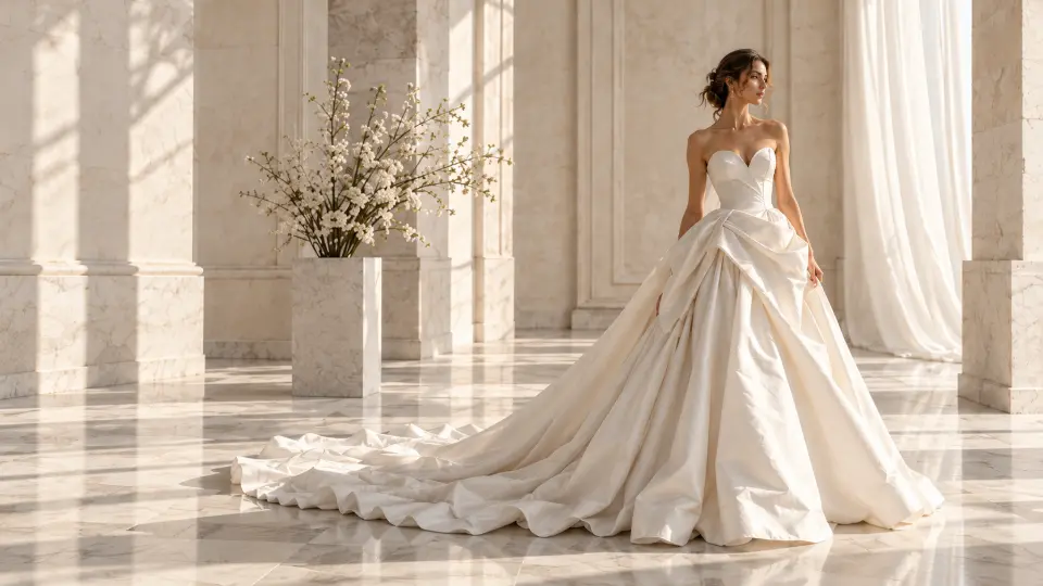 Rochie de mireasă ivory, cu corsaj drapat, fustă amplă și trenă