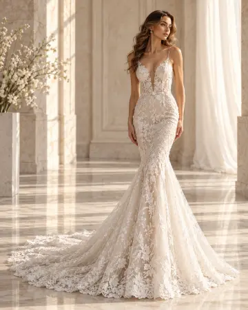 Rochie de mireasă sirenă cu dantelă florală, croială mulată și evazare la genunchi